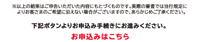 ※以上の結果はご申告いただいた内容に基づくものです。実際の審査では当行規定によりお客さまのご希望に沿えない場合がございますので、あらかじめご了承ください。下記ボタンよりお申込み手続きにお進みください。お申込みはこちら