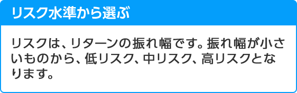 リスク水準から選ぶ リスクは、リターンの振れ幅です。振れ幅が小さいものから、低リスク、中リスク、高リスクとなります