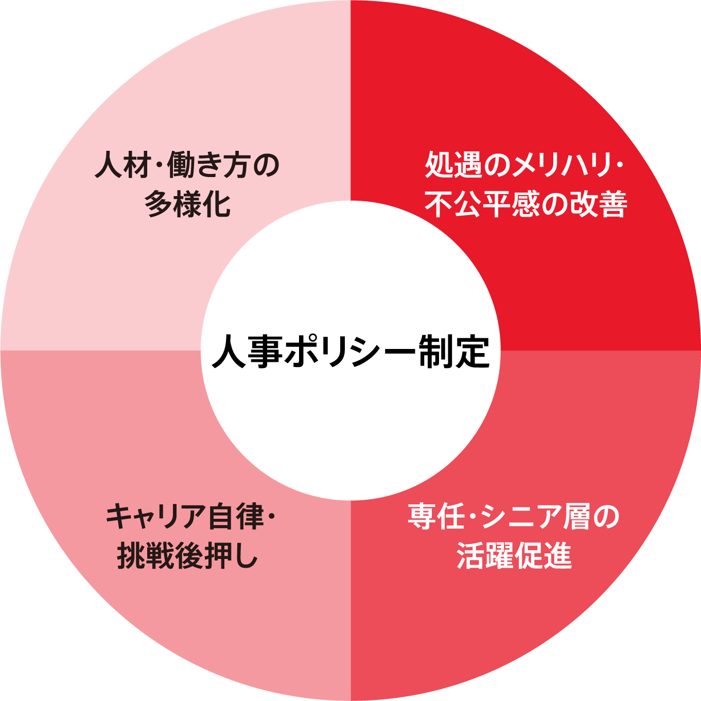 人事ポリシー制定:処遇のメリハリ・不公平感の改善/専任・シニア層の活躍促進/キャリア自律・挑戦後押し/人材・働き方の多様化
